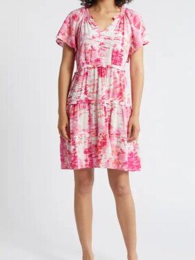 NWT Beach Lunch Lounge Camila Flutter Sleeve Tiered Dress - Size Large - Pink